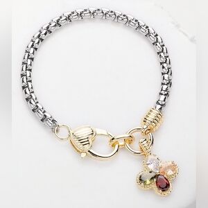14K Gold Plated Two Tone CZ Stone Clover Charm Bracelet